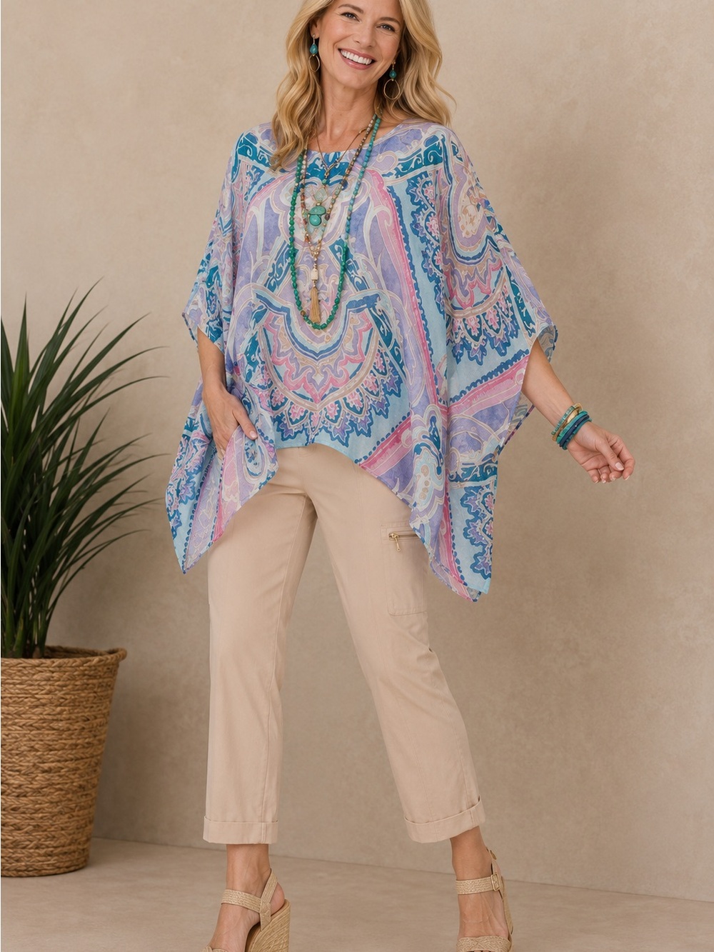 Chico’s 100% Linen Printed Poncho Top L/XL Blue Pink Lightweight Tunic Cover Up